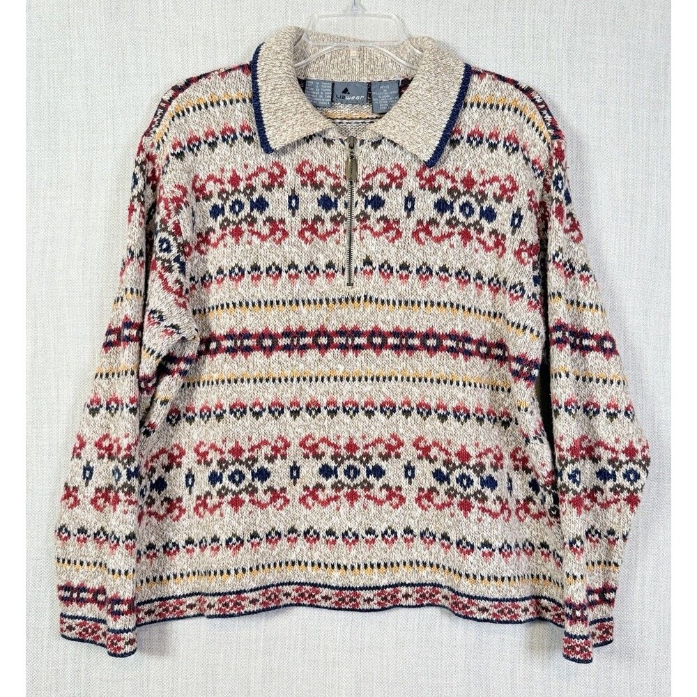Lizwear Women's MP Vintage Quarter Zip Sweater Fair Isle Beige Cotton Linen Knit